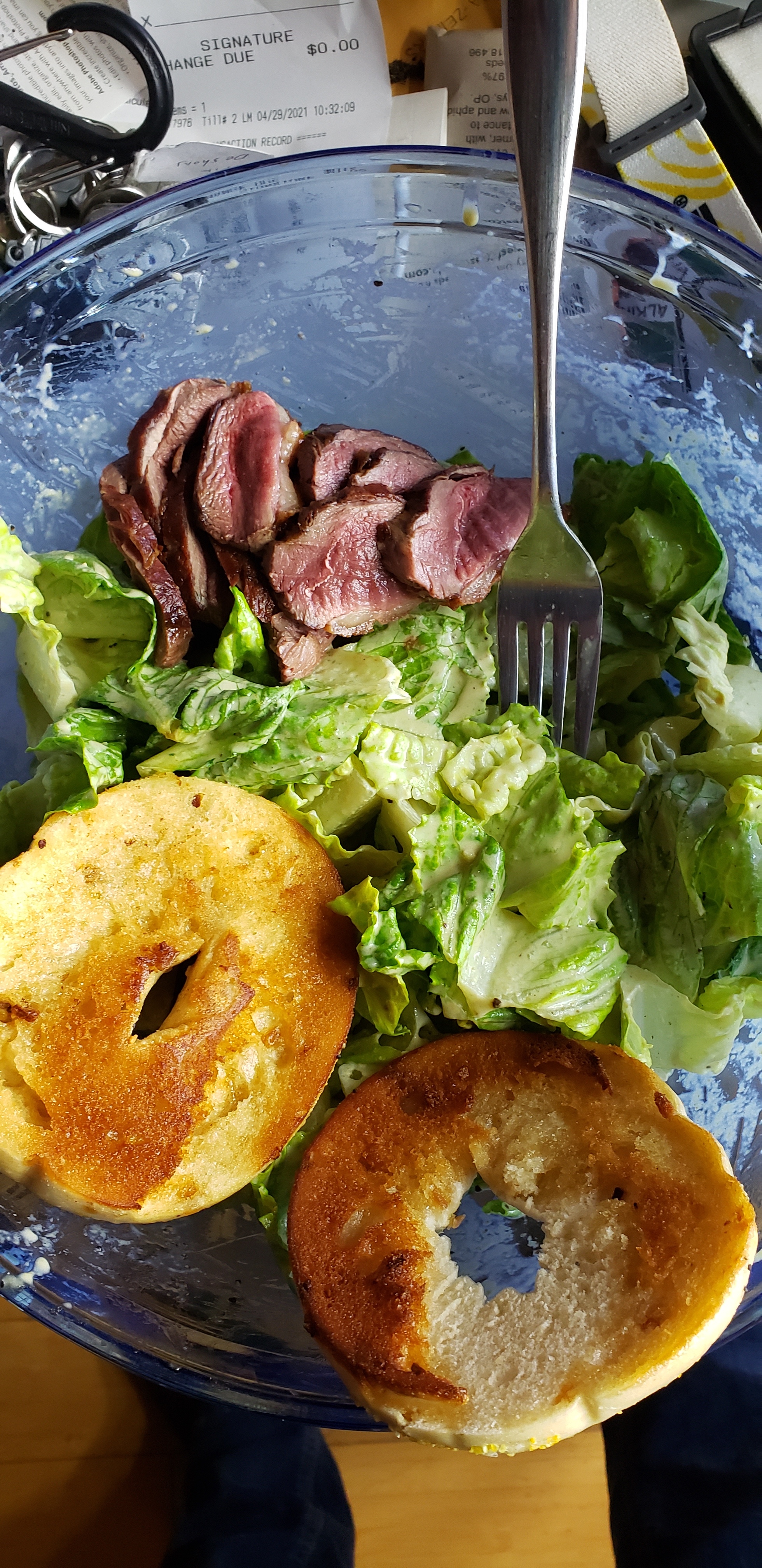 Dinner Duck breast, caesar salad, fried bagel